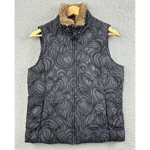 Eddie Bauer Down Vest Womens Medium Gray Geometric Quilted Zip Faux Fur Collar